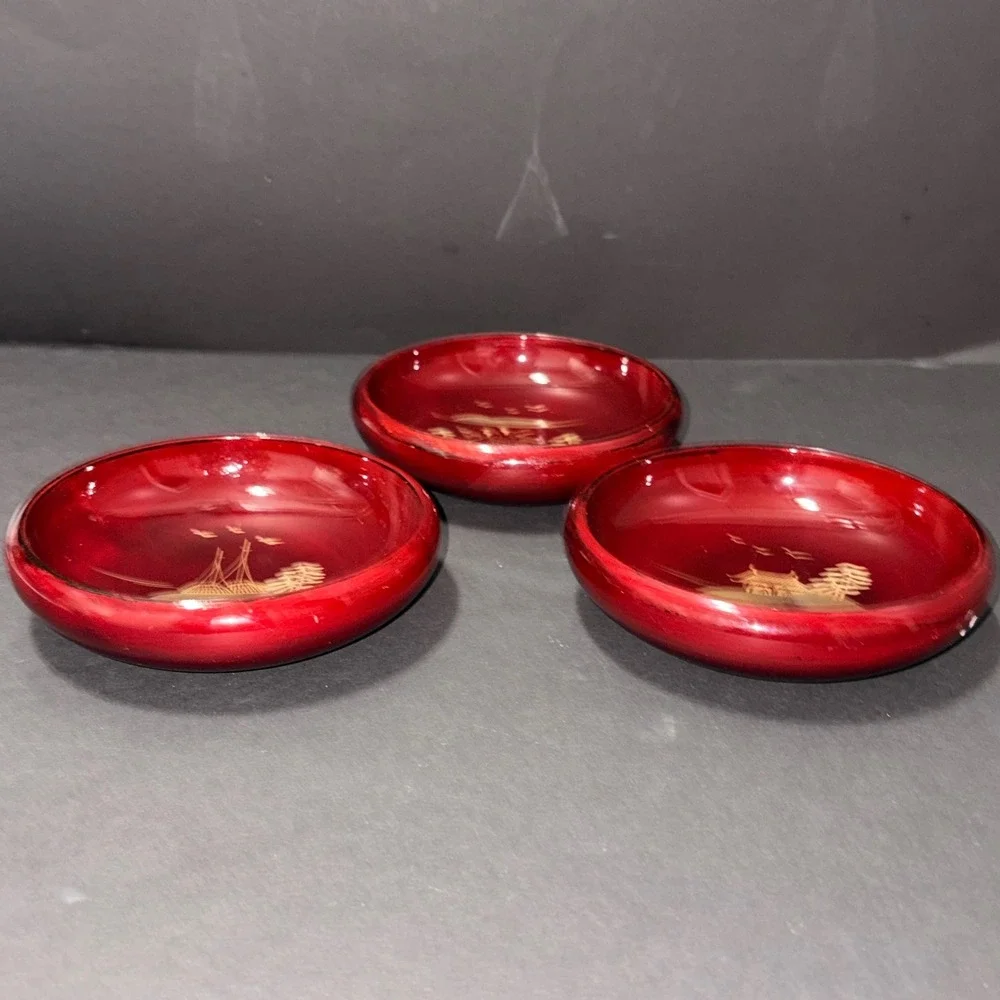 3 Vtg Japanese Lacquerware Salad Bowls Cinnabar Red Gold Chinoiserie Landscape